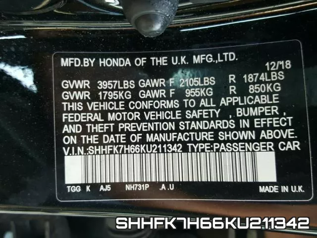 SHHFK7H66KU211342 фото 2