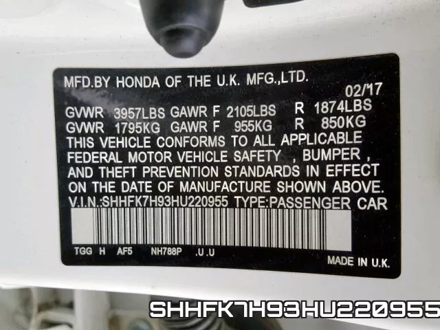 SHHFK7H93HU220955 фото 2