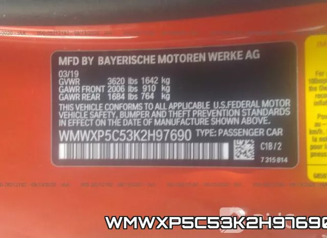 WMWXP5C53K2H97690 фото 10