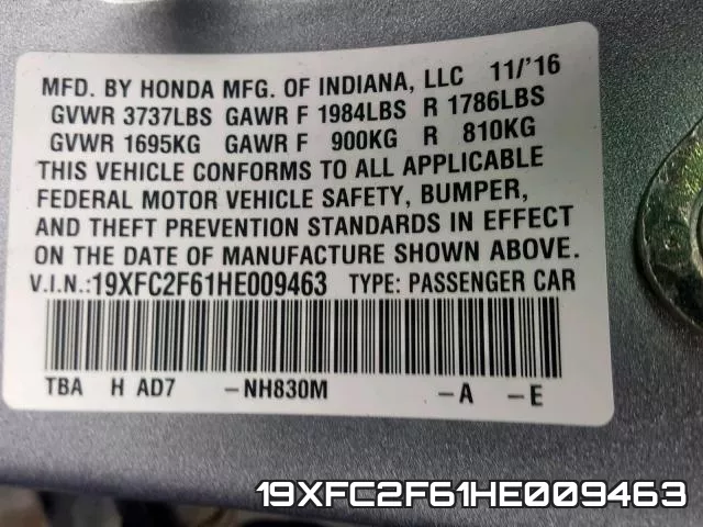 19XFC2F61HE009463 фото 2