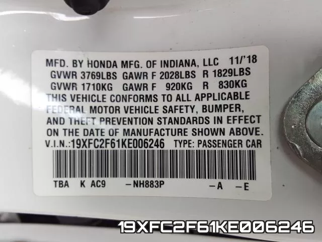 19XFC2F61KE006246 фото 2