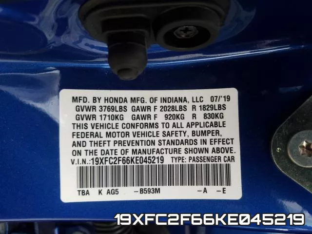 19XFC2F66KE045219 фото 2