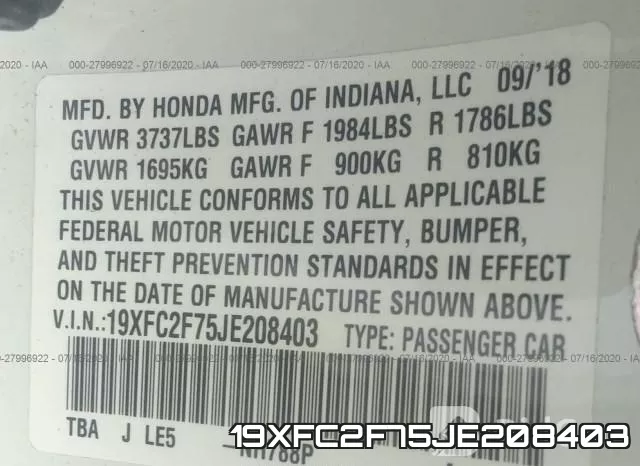 19XFC2F75JE208403 фото 10