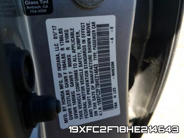 19XFC2F78HE214643 фото 2