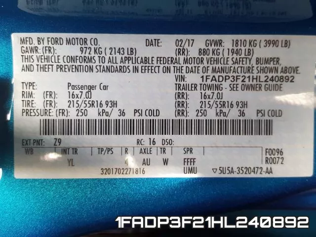 1FADP3F21HL240892 фото 2