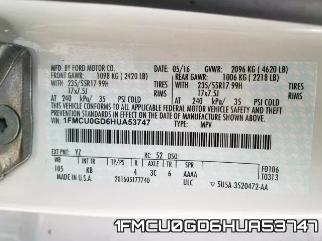 1FMCU0GD6HUA53747 фото 2