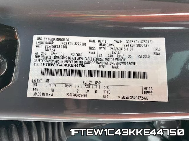 1FTEW1C43KKE44750 фото 2
