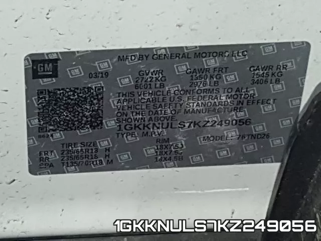 1GKKNULS7KZ249056 фото 2