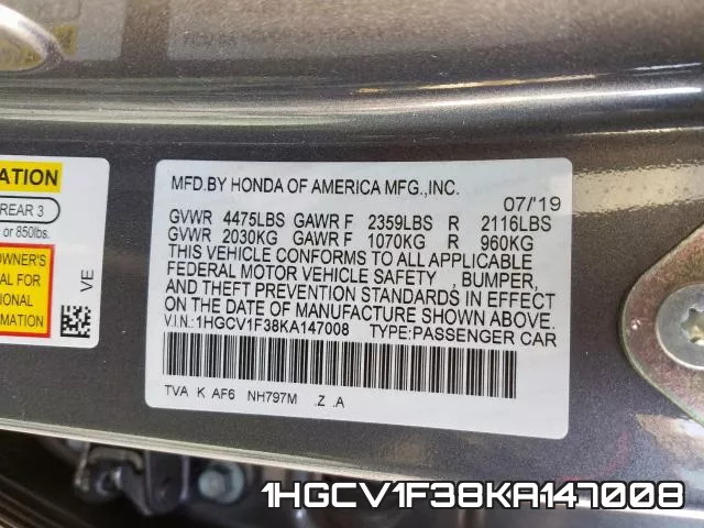 1HGCV1F38KA147008 фото 2