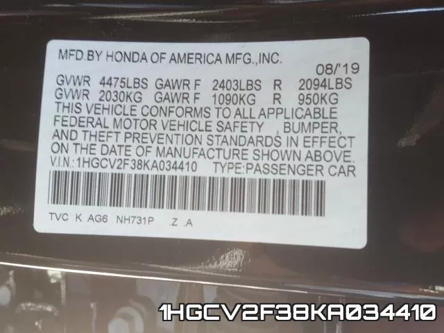 1HGCV2F38KA034410 фото 2