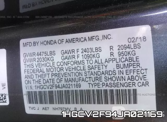 1HGCV2F94JA021169 фото 10