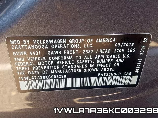 1VWLA7A36KC003298 фото 2
