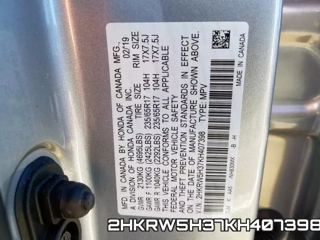 2HKRW5H37KH407398 фото 2