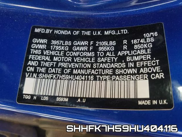 SHHFK7H59HU404116 фото 2