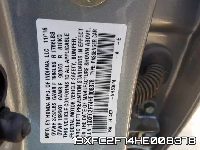 19XFC2F74HE008378 фото 2
