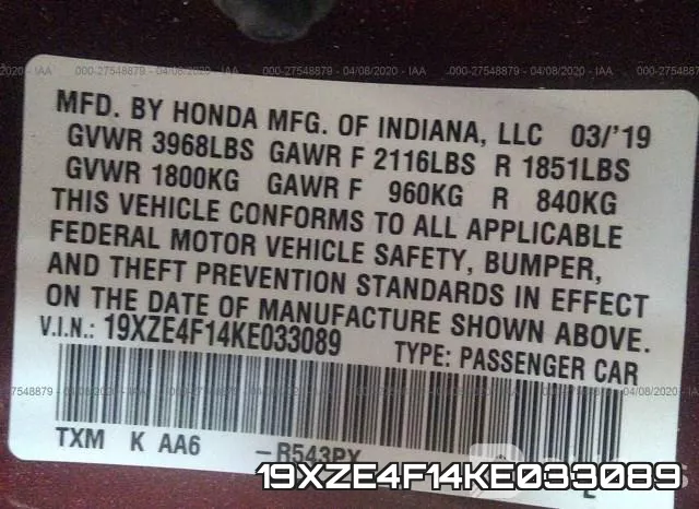 19XZE4F14KE033089 фото 10
