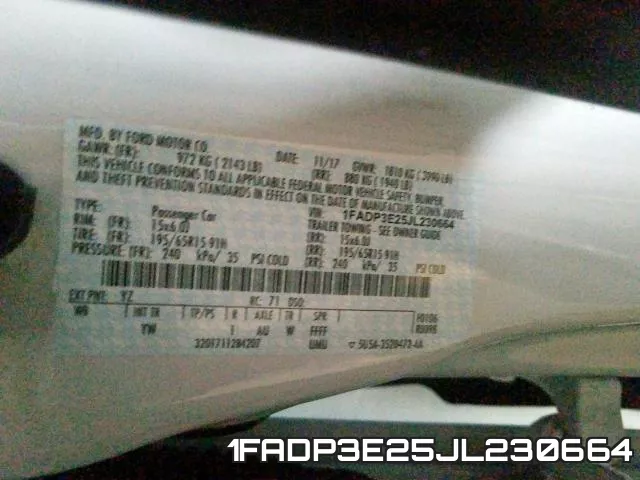 1FADP3E25JL230664 фото 2