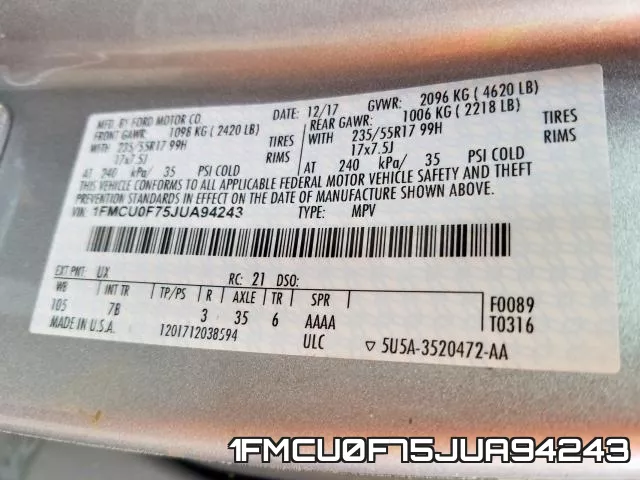 1FMCU0F75JUA94243 фото 2
