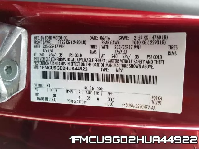 1FMCU9GD2HUA44922 фото 2
