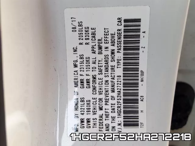 1HGCR2F52HA272218 фото 2