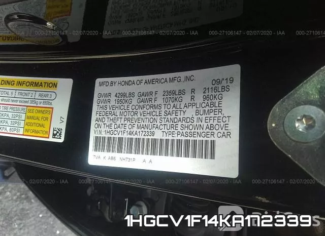 1HGCV1F14KA172339 фото 10