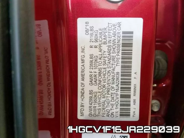 1HGCV1F16JA229039 фото 2