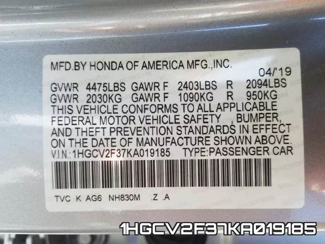 1HGCV2F37KA019185 фото 2