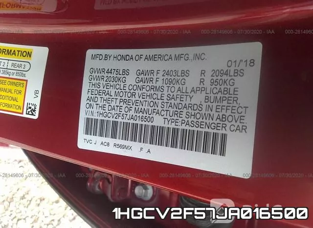 1HGCV2F57JA016500 фото 10