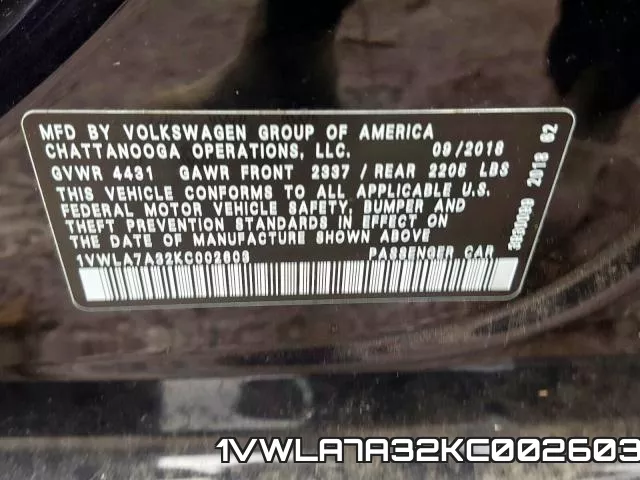 1VWLA7A32KC002603 фото 2