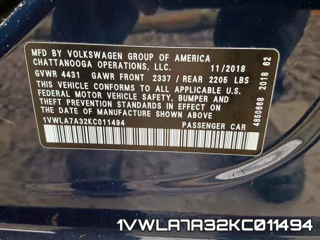 1VWLA7A32KC011494 фото 2