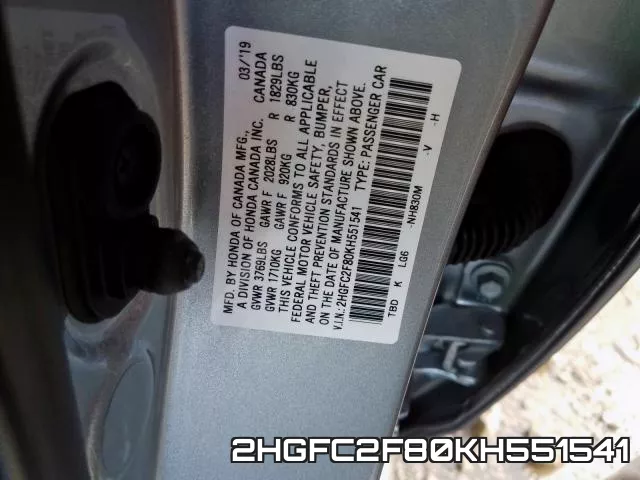 2HGFC2F80KH551541 фото 2