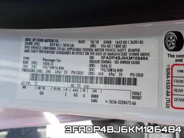 3FADP4BJ6KM106484 фото 2