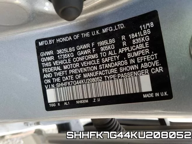 SHHFK7G44KU208052 фото 2