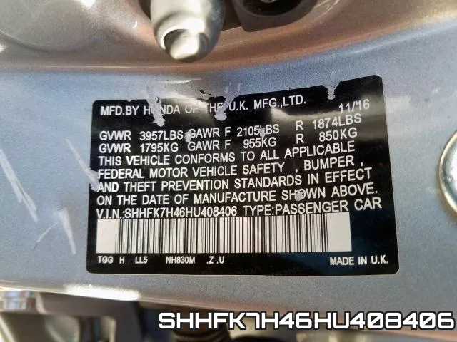 SHHFK7H46HU408406 фото 2