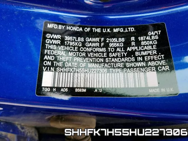 SHHFK7H55HU227306 фото 2