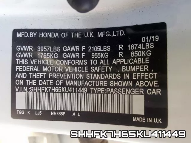 SHHFK7H65KU411449 фото 2