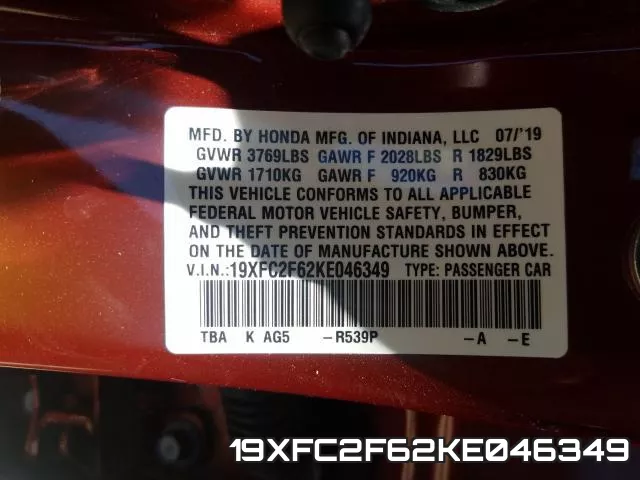 19XFC2F62KE046349 фото 2