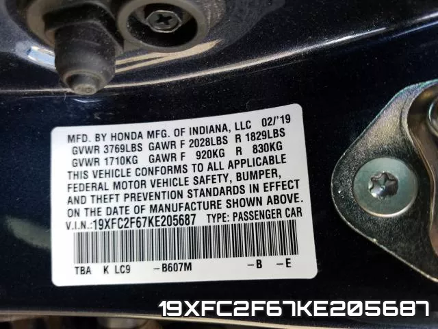 19XFC2F67KE205687 фото 2