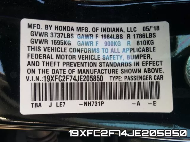 19XFC2F74JE205850 фото 2