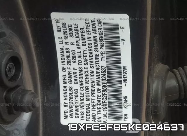 19XFC2F85KE024637 фото 10