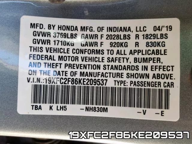 19XFC2F86KE209537 фото 2