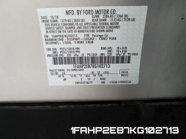 1FAHP2E87KG102713 фото 2