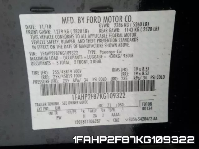 1FAHP2F87KG109322 фото 2