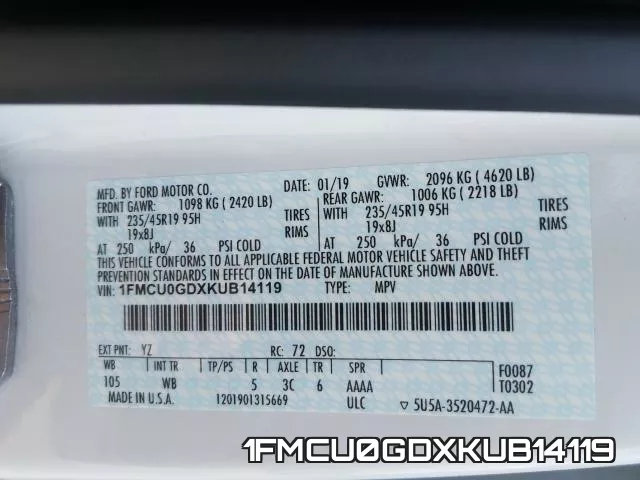 1FMCU0GDXKUB14119 фото 2
