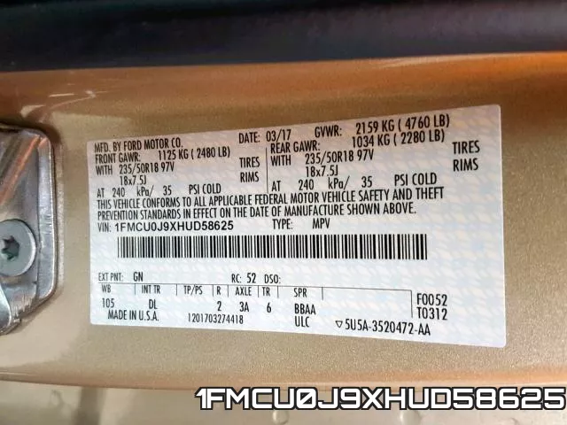 1FMCU0J9XHUD58625 фото 2