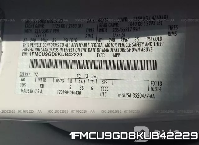 1FMCU9GD8KUB42229 фото 10