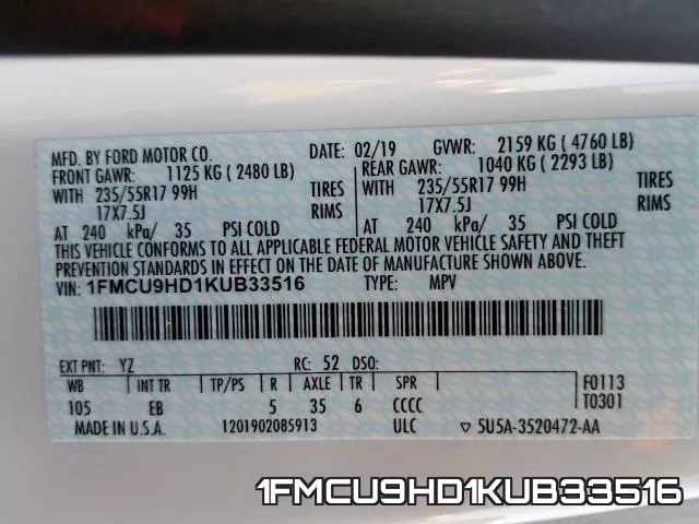 1FMCU9HD1KUB33516 фото 2