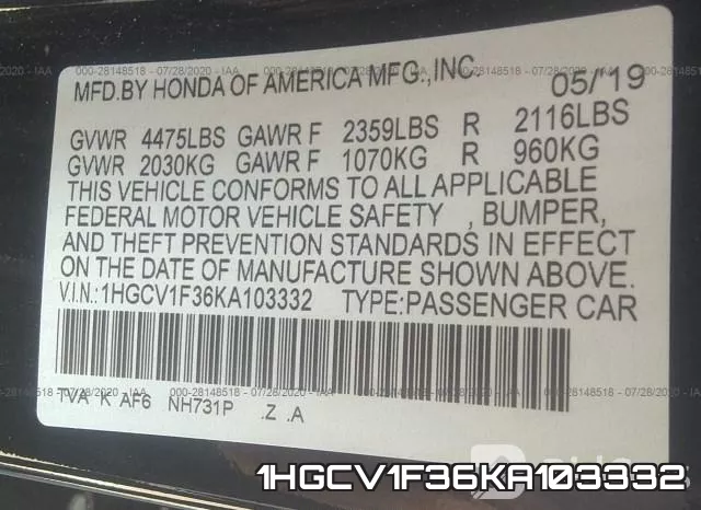 1HGCV1F36KA103332 фото 10