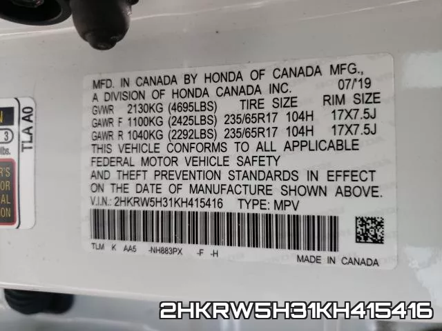 2HKRW5H31KH415416 фото 2