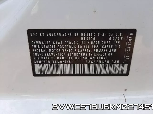 3VWC57BU6KM027451 фото 2